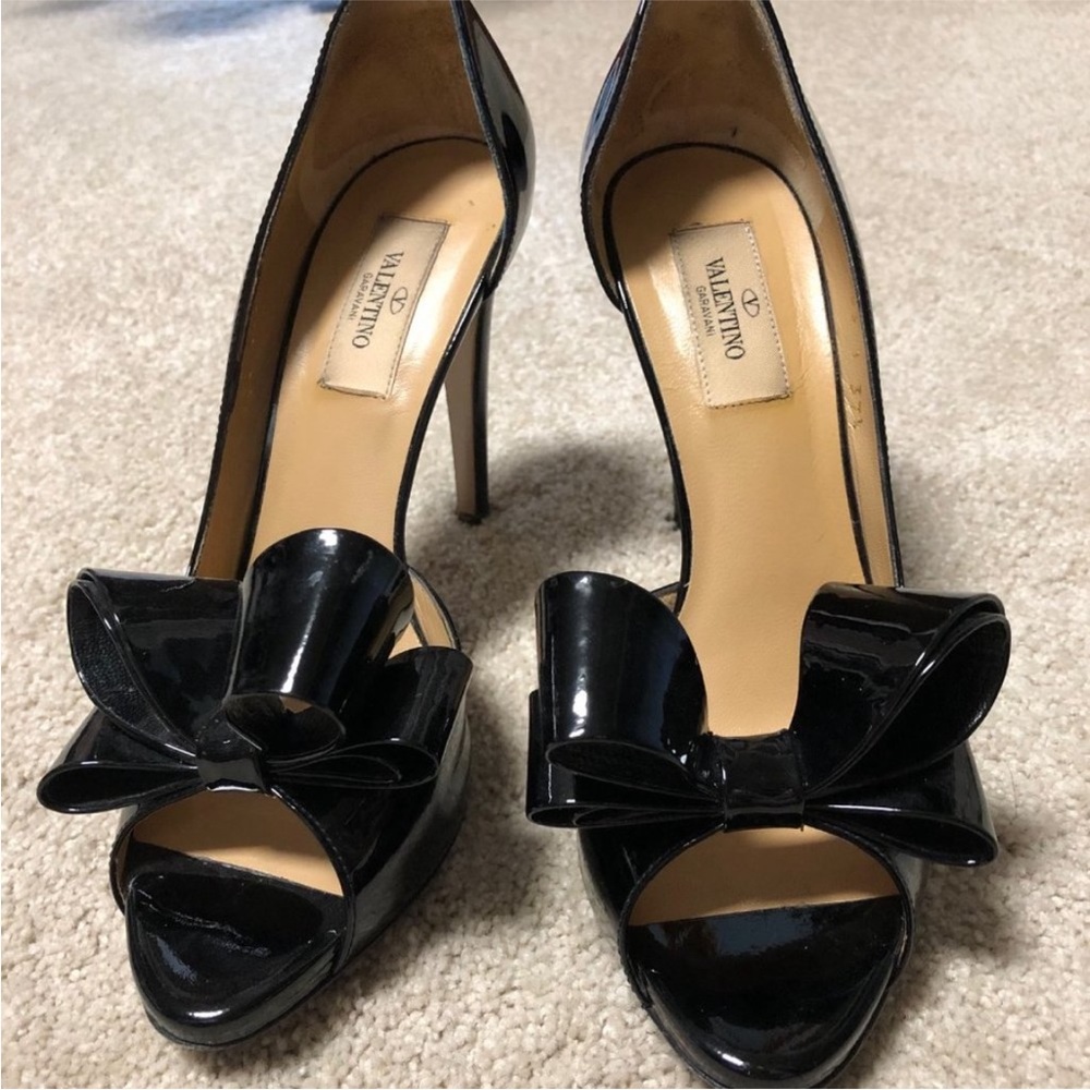 Valentino bow couture pumps heels sandals 37.5 black patent leather 7.5 - Picture 3 of 10